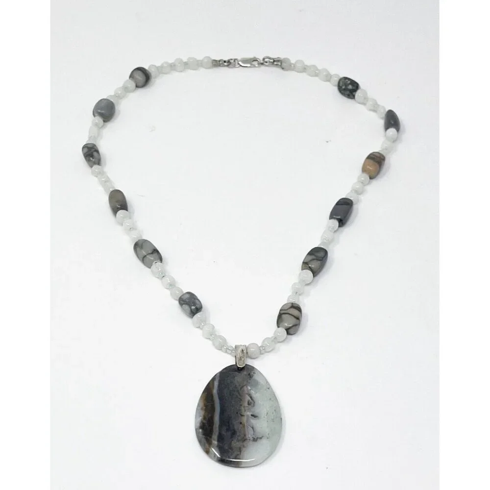 Artisan 925 Sterling Silver Banded Agate Stone Pendant Statement Necklace